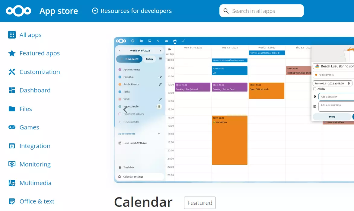 Image: Calendar in the Nextcloud app store